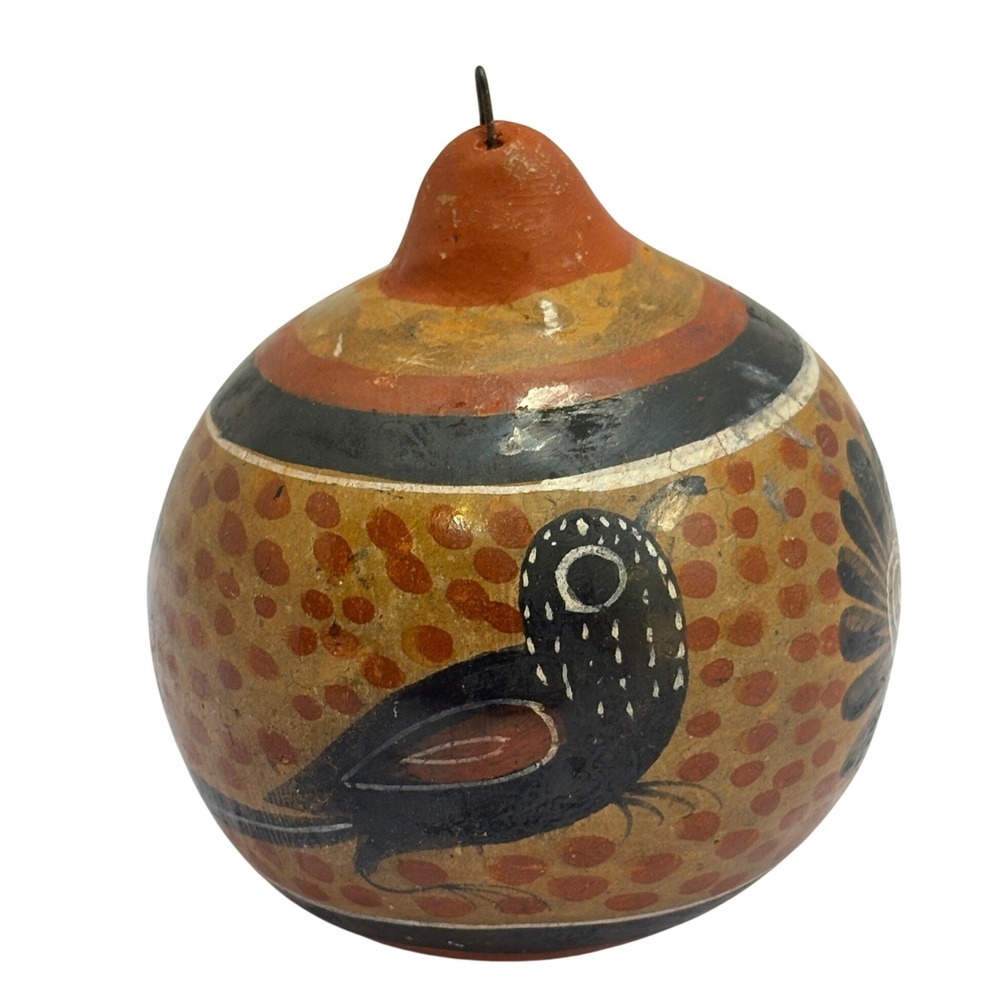 Vtg Tonala Mexico Pottery Bird Round Ornament Hand Painted Signed Nogal Folk Art